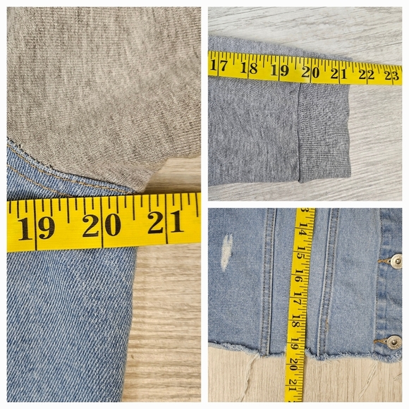 Womens Distressed Denim Jacket XL 90s Cropped Y2K Sweatshirt Sleeves Frayed Hem - Picture 4 of 9